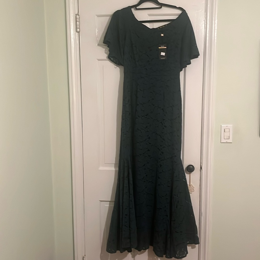 Green lace over navy blue lining